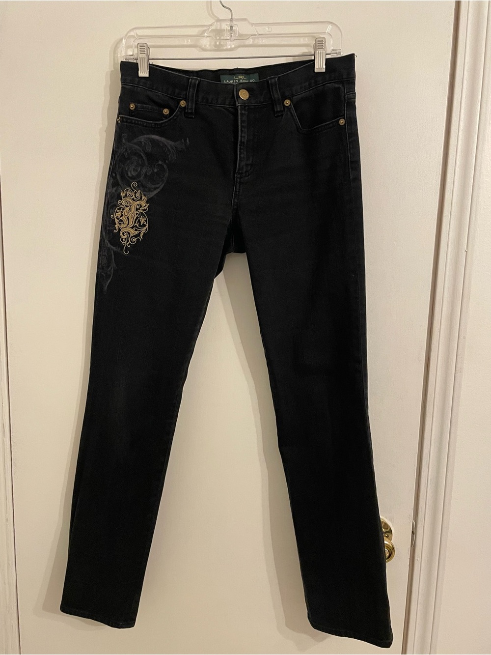 Ralph Lauren Black Straight-Leg Jeans with Gold Embroidery